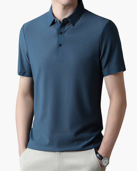 Man wearing elegant cotton polo shirts in blue with short sleeves and button-up collar