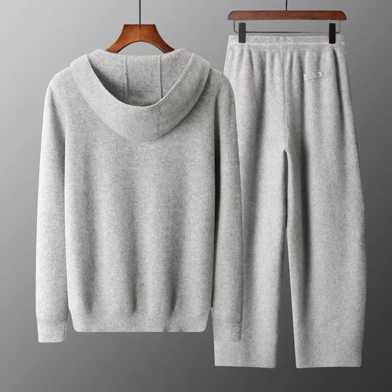 100% Merinoull Herr – Tjockstickat Träningsset med Huvtröja & Dragkedja,