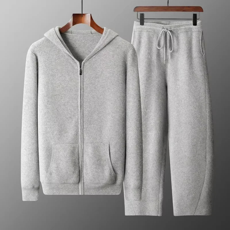 100% Merinoull Herr – Tjockstickat Träningsset med Huvtröja & Dragkedja,