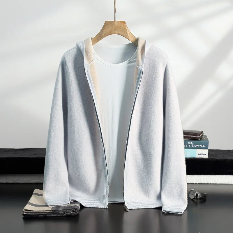 Exklusiv Kashmir- & Ullcardigan för Herr – Elegant Huvjacka med Dragkedja