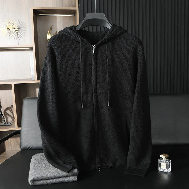 Lyxig stickad herrkofta i ull & kashmir med dragkedja