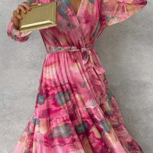 Kvinnors Långärmad Maxi Wrap-Klänning med Blommönster