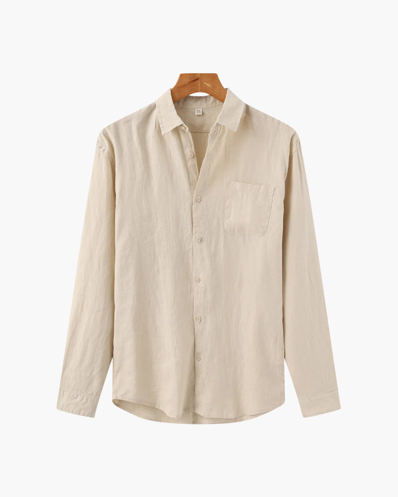 Beige long sleeve button-up shirt with chest pocket from Min butik