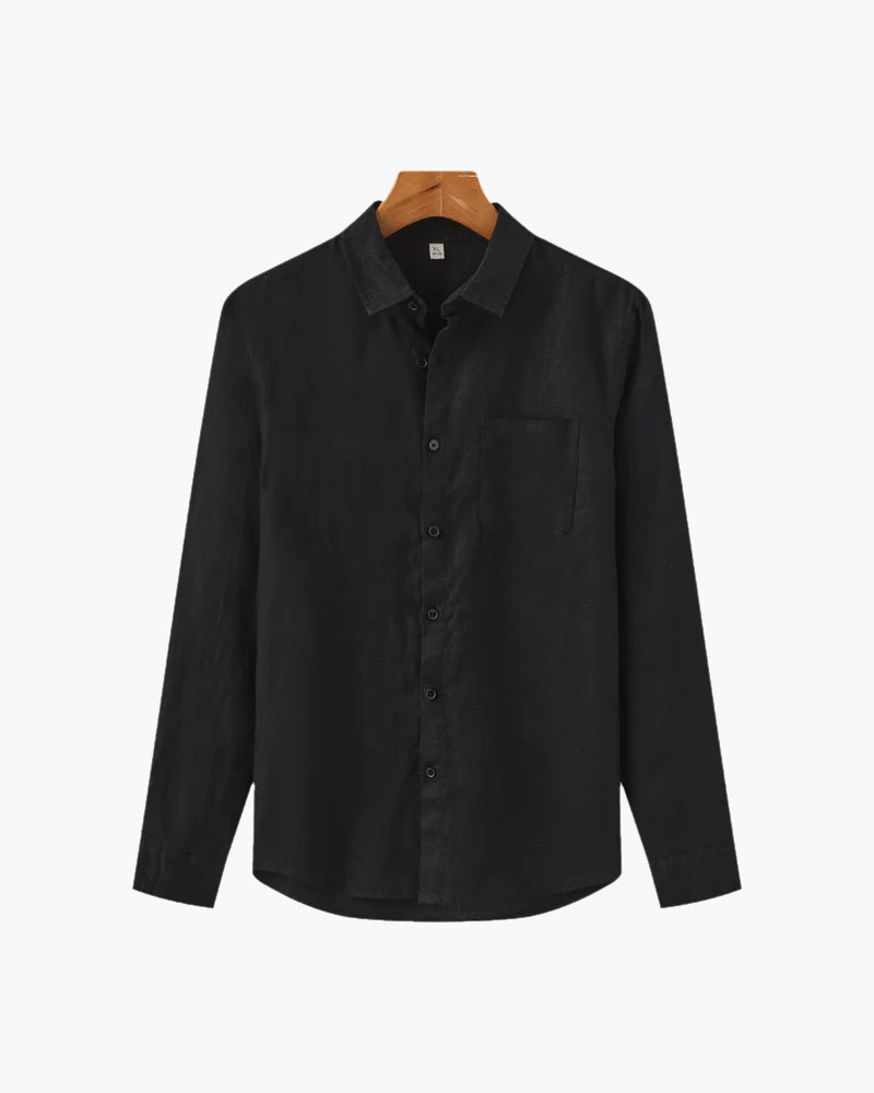 Black long sleeve button-up shirt with collar and chest pocket by Min butik