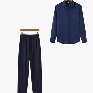 Min butik navy blue long sleeve button-up shirt with matching navy elastic waist pants
