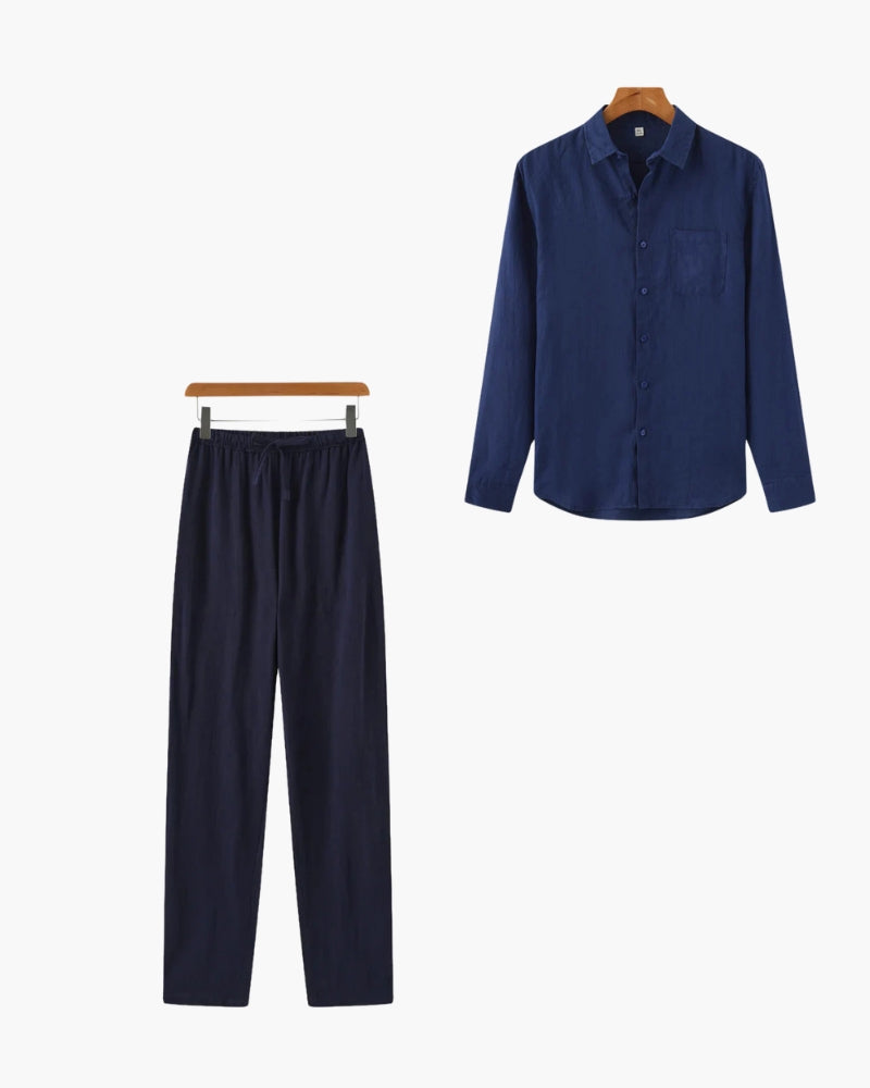 Min butik navy blue long sleeve button-up shirt with matching navy elastic waist pants